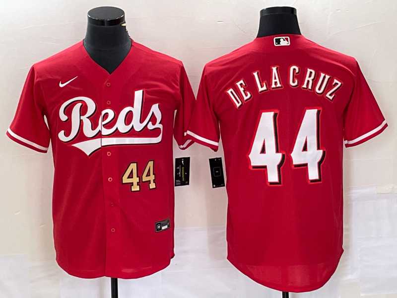 Mens Cincinnati Reds #44 Elly De La Cruz Number Red Cool Base Stitched Baseball Jersey